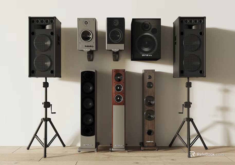 Various Styles of Audio Speakers Including Floor Standing and Bookshelf in Different Colors on Stands 3d model 