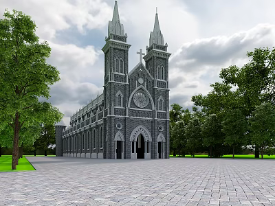 European-style Architecture Featuring Twin Towers Crosses Gray Stone Round Window Surrounded by Trees Paved Square 3d model