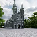 European-style Architecture Featuring Twin Towers Crosses Gray Stone Round Window Surrounded by Trees Paved Square