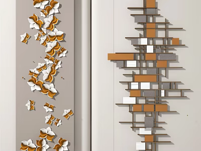 Modern Wall Decor With Butterfly Shaped White Orange Accents And Geometric Blocks Design 3d model
