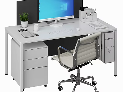 Modern Office Desk Setup With Computer Monitor Keyboard Mouse Stationery Organizer And Chair 3d model