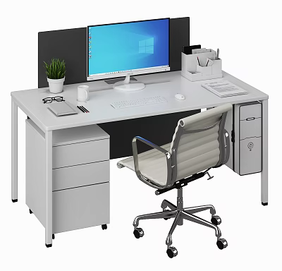 Modern Office Desk Setup With Computer Monitor Keyboard Mouse Stationery Organizer And Chair 3d model