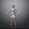 Blonde Woman Standing In White Blazer And White Skirt Against Gray Background