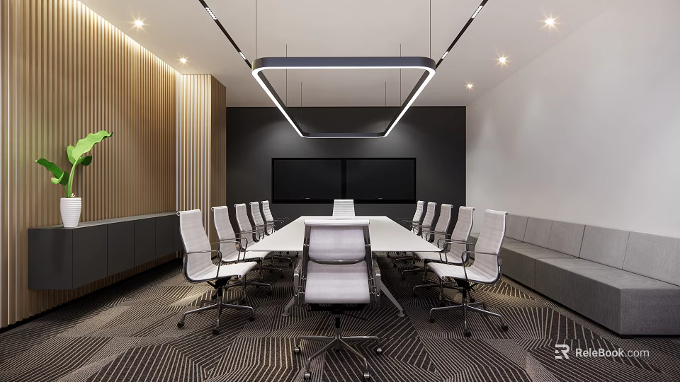 Modern Conference Room Interior With Long Table White Chairs Dual Screens And Wooden Wall Panels 3d model 