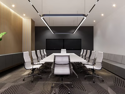 Modern Conference Room Interior With Long Table White Chairs Dual Screens And Wooden Wall Panels 3d model