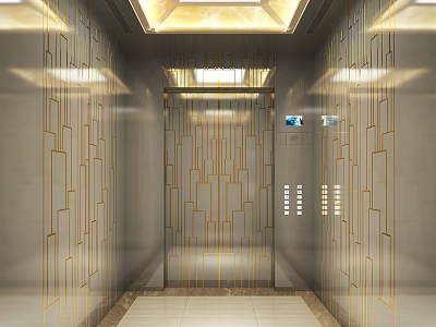 Modern Elevator Interior Design With Golden Lines Lighting And Control Panel 3d model