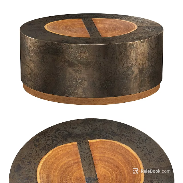 Rustic Round Dining Table With Distressed Metal Surface And Wooden Center Panel 3d model