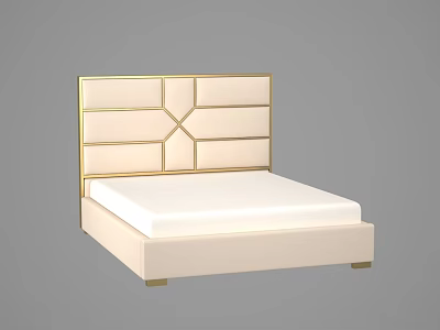 Elegant Modern Double Bed With Gold Frame Geometric Upholstered Beige Headboard And White Mattress 3d model
