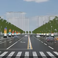 Modern Urban Road Facilities With Trees Lamp Posts Vehicles And Zebra Crossing
