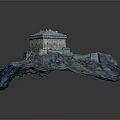 Square Building Model On Undulating Terrain With Blue Roof And Light Exterior