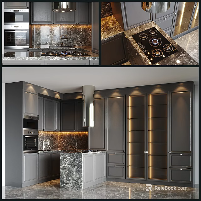 Modern Kitchen With Dark Gray Cabinets Marble And Lighting 3d model 