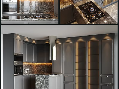 Modern Kitchen With Dark Gray Cabinets Marble And Lighting 3d model