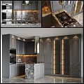 Modern Kitchen With Dark Gray Cabinets Marble And Lighting 3d model