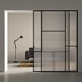 Modern Glass Sliding Doors With Black Frame And Striped Design For Interior Space