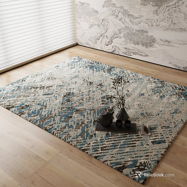 Square Area Rug Blue Gray Beige Abstract Pattern On Wooden Floor With Light Wall Vases 3d model 