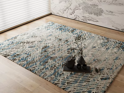 Square Area Rug Blue Gray Beige Abstract Pattern On Wooden Floor With Light Wall Vases 3d model