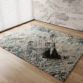 Square Area Rug Blue Gray Beige Abstract Pattern On Wooden Floor With Light Wall Vases
