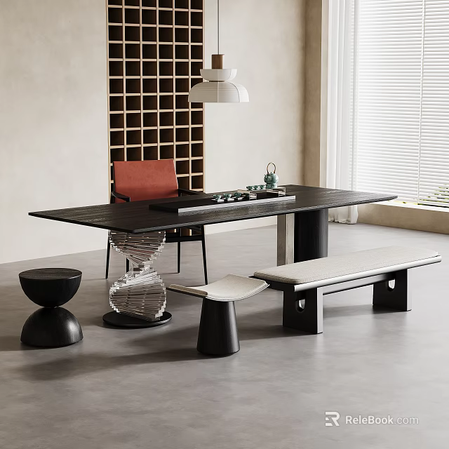 Modern Tea Table Set With Black Table Red Chair Bench And Grid Wall Design 3d model 