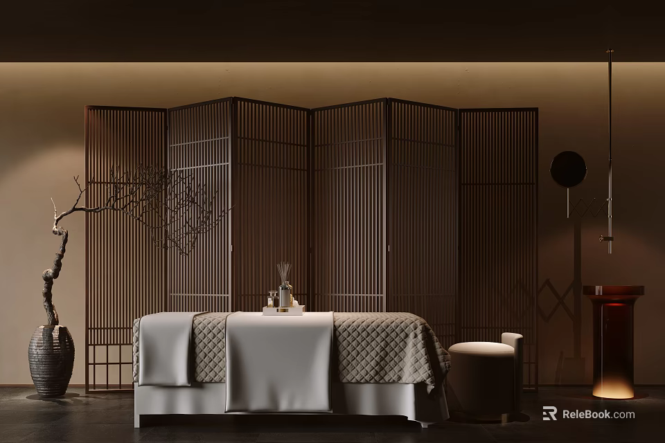 Elegant Modern Beauty Salon Room With Comfortable Bed Wooden Screen And Decorative Branch Vase 3d model 