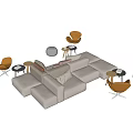 Modern Light Gray L Shaped Sectional Sofa And Coffee Table Set With Brown Accent Chairs 3d model