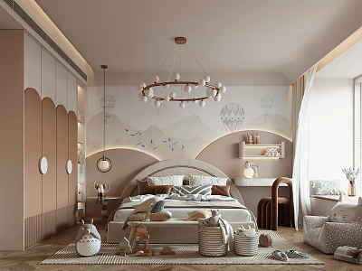Cozy Kids Room Interior Design With Bed Pillows Chandelier Wall Art Toy Storage And Soft Rug 3d model