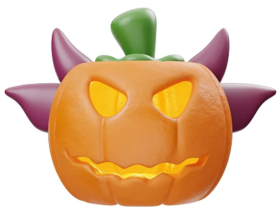 Orange Pumpkin With Purple Horns Green Stem And Glowing Eyes And Mouth 3d model