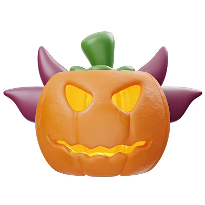Orange Pumpkin With Purple Horns Green Stem And Glowing Eyes And Mouth 3d model