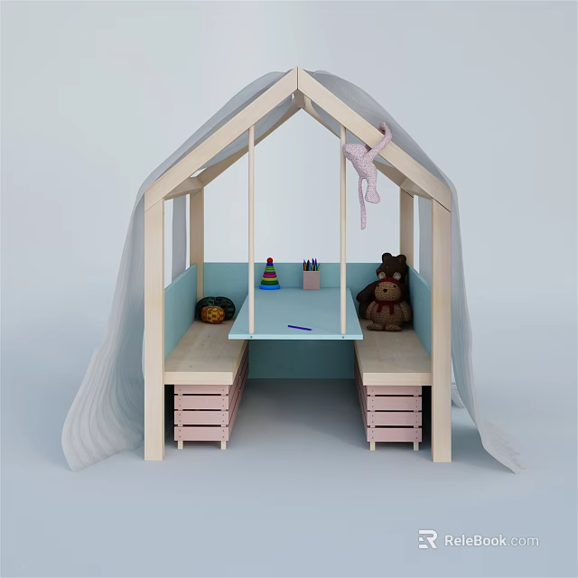 Kids Table And Chair Set With Tent Structure Light Blue Curtain And Toys 3d model 