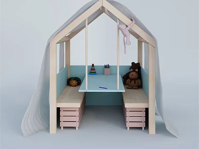 Kids Table And Chair Set With Tent Structure Light Blue Curtain And Toys 3d model