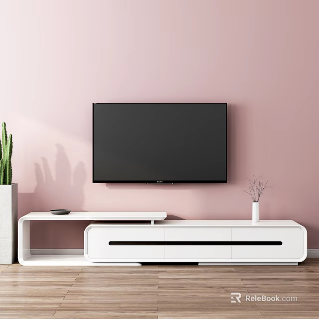 Modern White TV Stand With TV On Pink Wall And Decorative Vase 3d model 