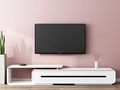 Modern White TV Stand With TV On Pink Wall And Decorative Vase 3d model