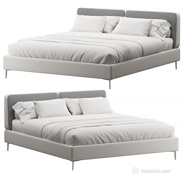 Modern Double Bed With Checkered Headboard Upholstered Frame And White Linen Bedding 3d model 