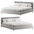 Modern Double Bed With Checkered Headboard Upholstered Frame And White Linen Bedding 3d model