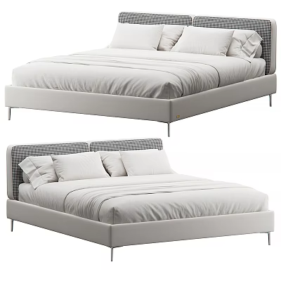 Modern Double Bed With Checkered Headboard Upholstered Frame And White Linen Bedding 3d model