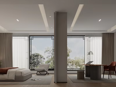 Modern Bedroom Interior With Floor To Ceiling Windows Scenic View Armchair Desk And Curtains 3d model