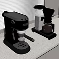 Stylish Black And Silver Coffee Machines On Kitchen Countertop With Window Blinds
