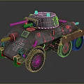 Armored Military Utility Vehicle With Multi Wheeled Metal Body And Cross Emblem
