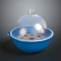Round Blue Container With Clear Dome Lid And White Knob Featuring Holes Inside