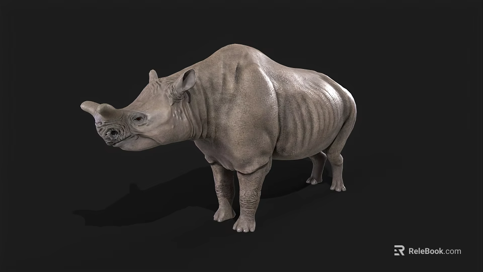 Realistic 3D Rhinoceros Model With Gray Skin Standing On Black Background 3d model 