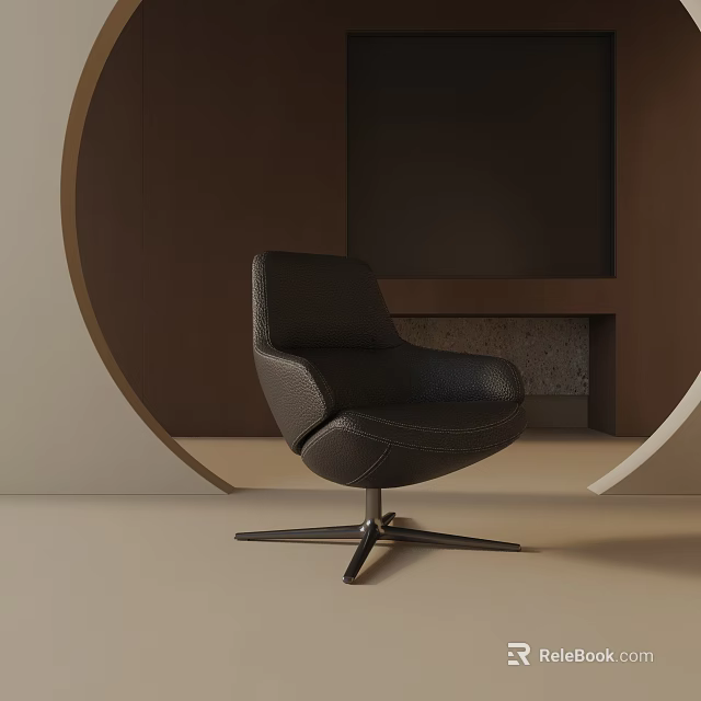 Modern Black Leather Lounge Chair In Minimalist Space With Round Brown Wall And Concrete Shelf 3d model 
