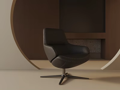 Modern Black Leather Lounge Chair In Minimalist Space With Round Brown Wall And Concrete Shelf 3d model
