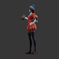 Detailed Red Outfit Character Design With Blue Accents Hat Holding Object Front Back Views