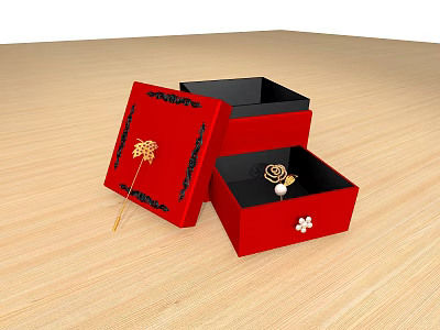 Elegant Jewelry Pieces In Red Boxes Featuring Gold Ring Pearl And Floral Hairpin 3d model