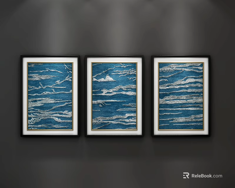 Three Blue White Abstract Paintings with Wavy Texture Black Framed White Frames Dark Gray Wall 3d model