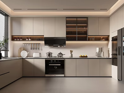 Modern Kitchen Interior With Light Colored Cabinets Glass Front Upper Cabinets And Built In Appliances 3d model