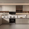 Modern Kitchen Interior With Light Colored Cabinets Glass Front Upper Cabinets And Built In Appliances