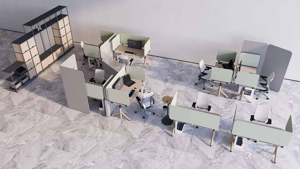 Modern Office Workstations With Partitioned Desks Ergonomic Chairs And Computers 3d model 