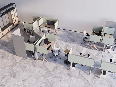 Modern Office Workstations With Partitioned Desks Ergonomic Chairs And Computers 3d model