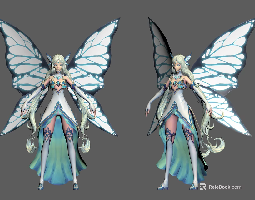 Game Fantasy Female Character With White Blue Outfit Long Hair And Elegant Butterfly Wings 3d model 