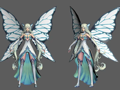 Game Fantasy Female Character With White Blue Outfit Long Hair And Elegant Butterfly Wings 3d model